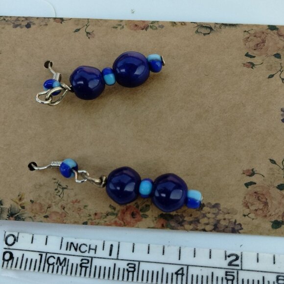 Earrings Blue Glass Beads Handmade Dangle - Picture 2 of 3